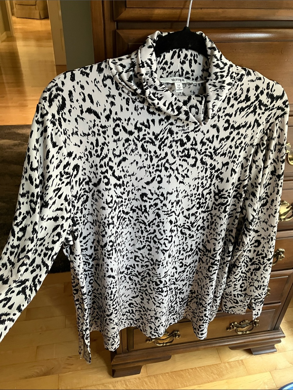 Sympli Cream and Black Abstract Animal Print Cowl Neck Top